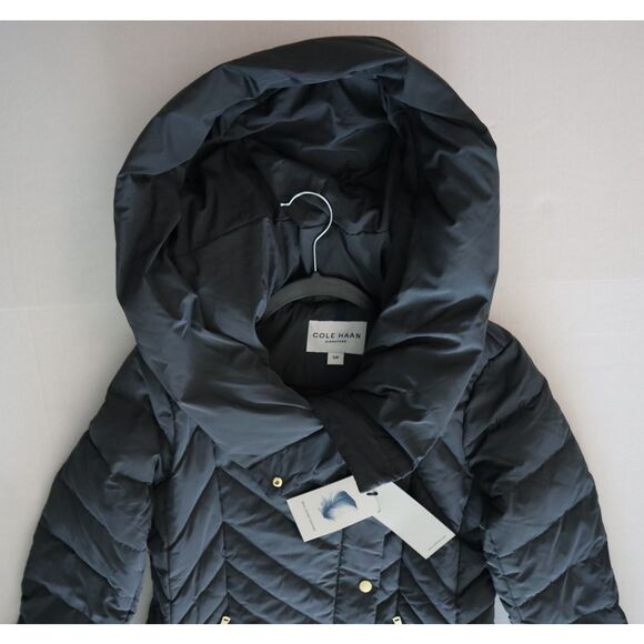 Cole Haan 351SD352 Women's Sz S Gray Hooded Chevron Down Puffer Coat - Picture 7 of 15